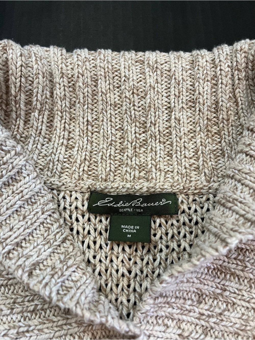 Eddie Bauer Beige Knit 3 Button Sweater with Ribbed Shawl Collar